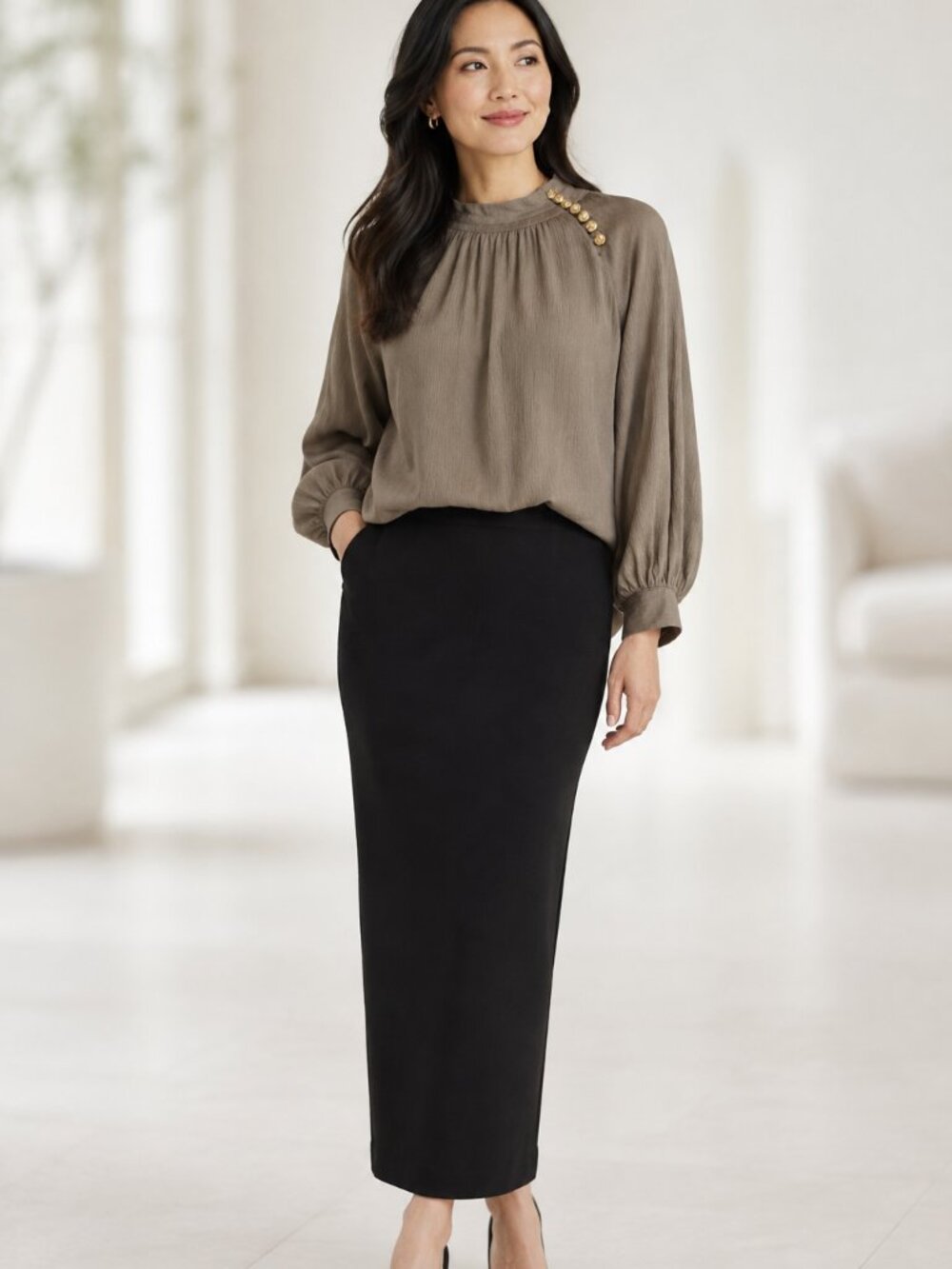 ba&sh Neil Button Shoulder Blouse in Khaki, Size S